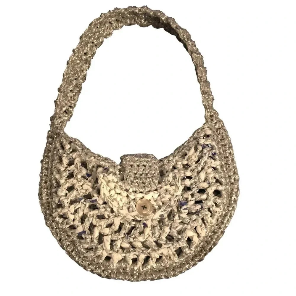 Celestial Moon Handbag Purse Metallic Silver Small Shoulder Crochet Astrology - Picture 6 of 6